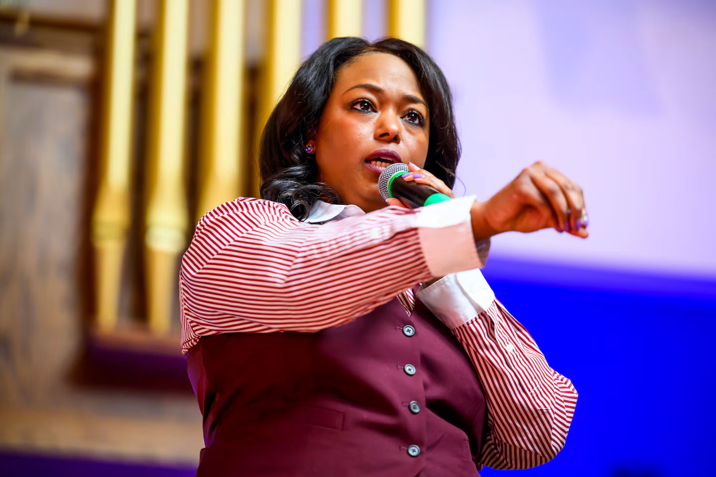 D.C. mayoral candidate Janeese Lewis George (D) speaks during a candidate forum March 14 in Southeast Washington. (Pete Kiehart/For The Washington Post)